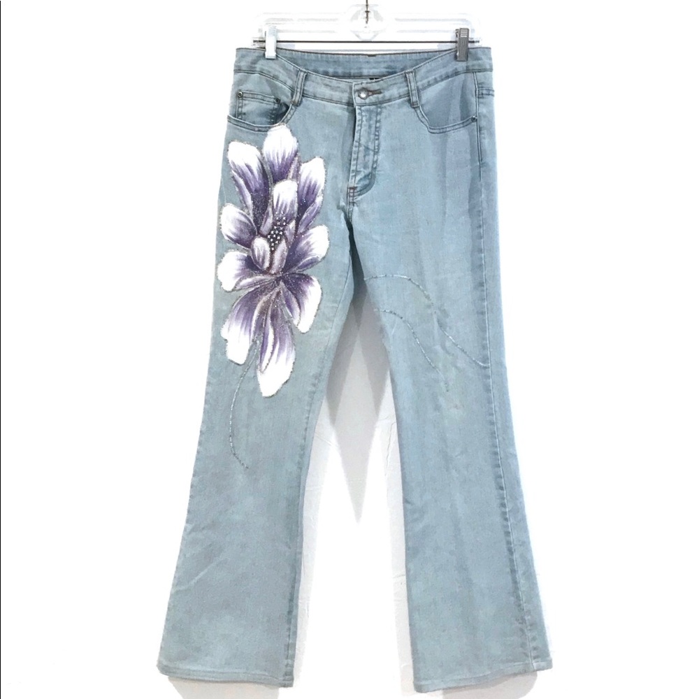Designer Jeans Painted Flower, Rinestones,Glitter